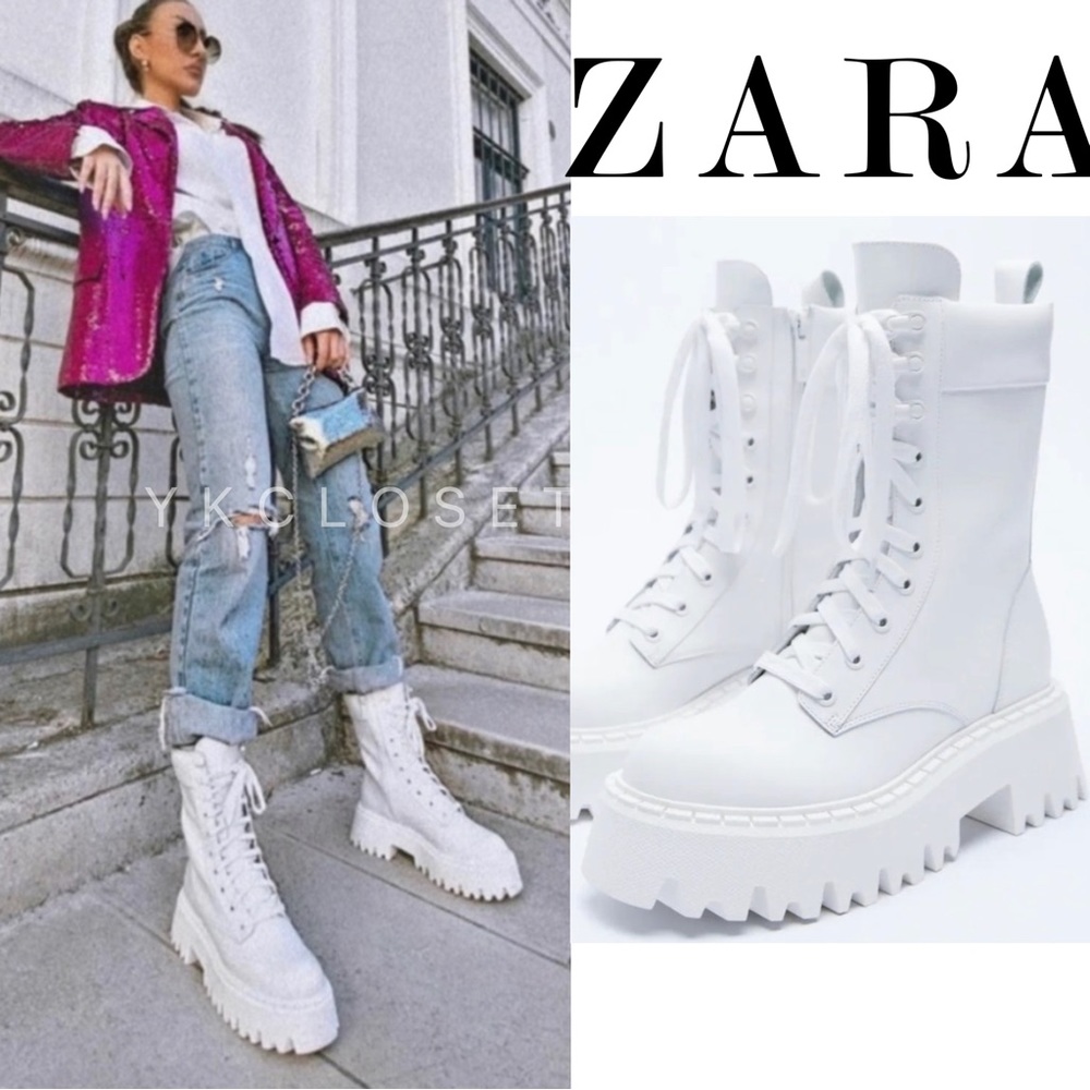 ZARA WHITE LUG SOLE LEATHER LACE UP BOOTS